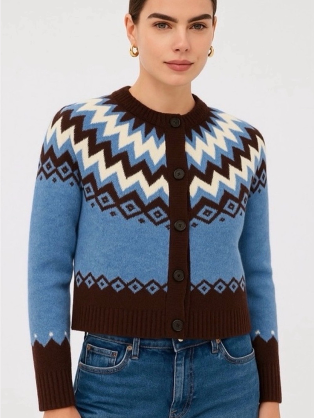 Joie Blue, Brown & Cream Fair Isle cropped Button-Front Cardigan